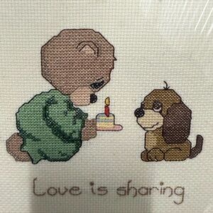 Love is sharing Cute handmade framed Cross-Stitch Art with Bear and Dog